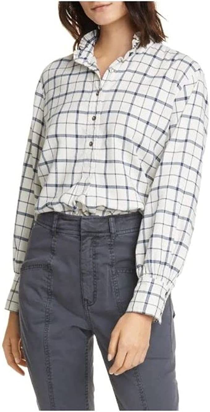 Rebecca Taylor Women's White Check Cuff Neck Button-Up Top Size XS
