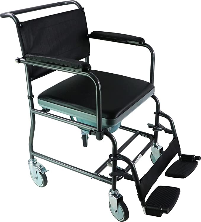 Aidapt wheeled mobile Commode toilet chair with padded back, drop arm support and removable upholstered seat, locking casters, large removable bucket and swing footrest.