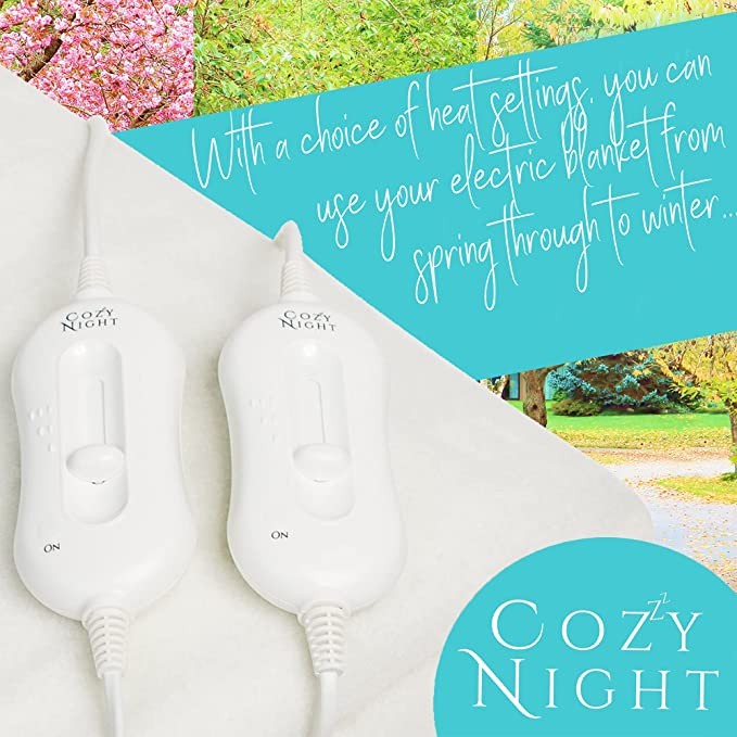 Cozy Night electric blanket oversized with 3 heating settings-double control-deluxe polyester bottom blanket-machine washable-overheat protection (182 x 200cm oversized double bed), white